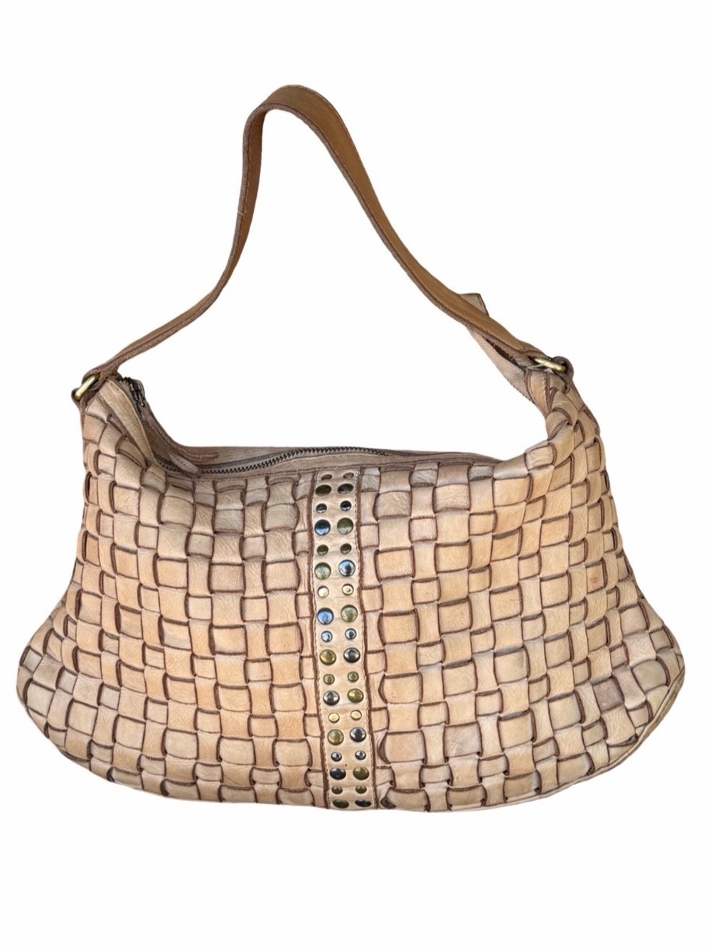 MARTA‎ PONTI Woven Boho Stud-Accent Leather Shoulder Bag in Tan